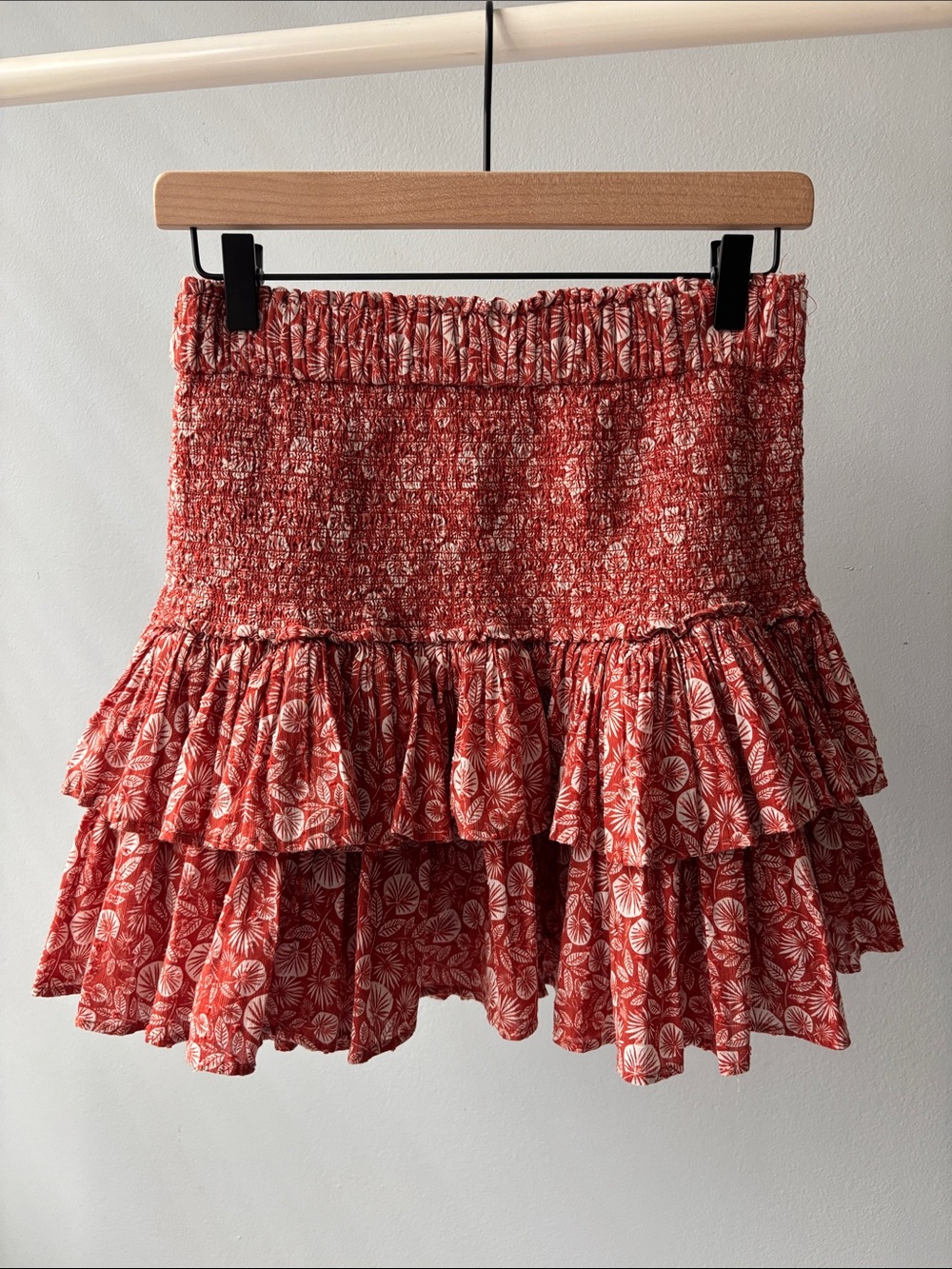 LOFT Red Floral Tiered Smocked Mini Skirt